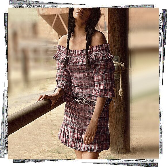 Red Black, & Cream Plaid Smocked Mini Dress (S) by Pilcro - Picture 1 of 4